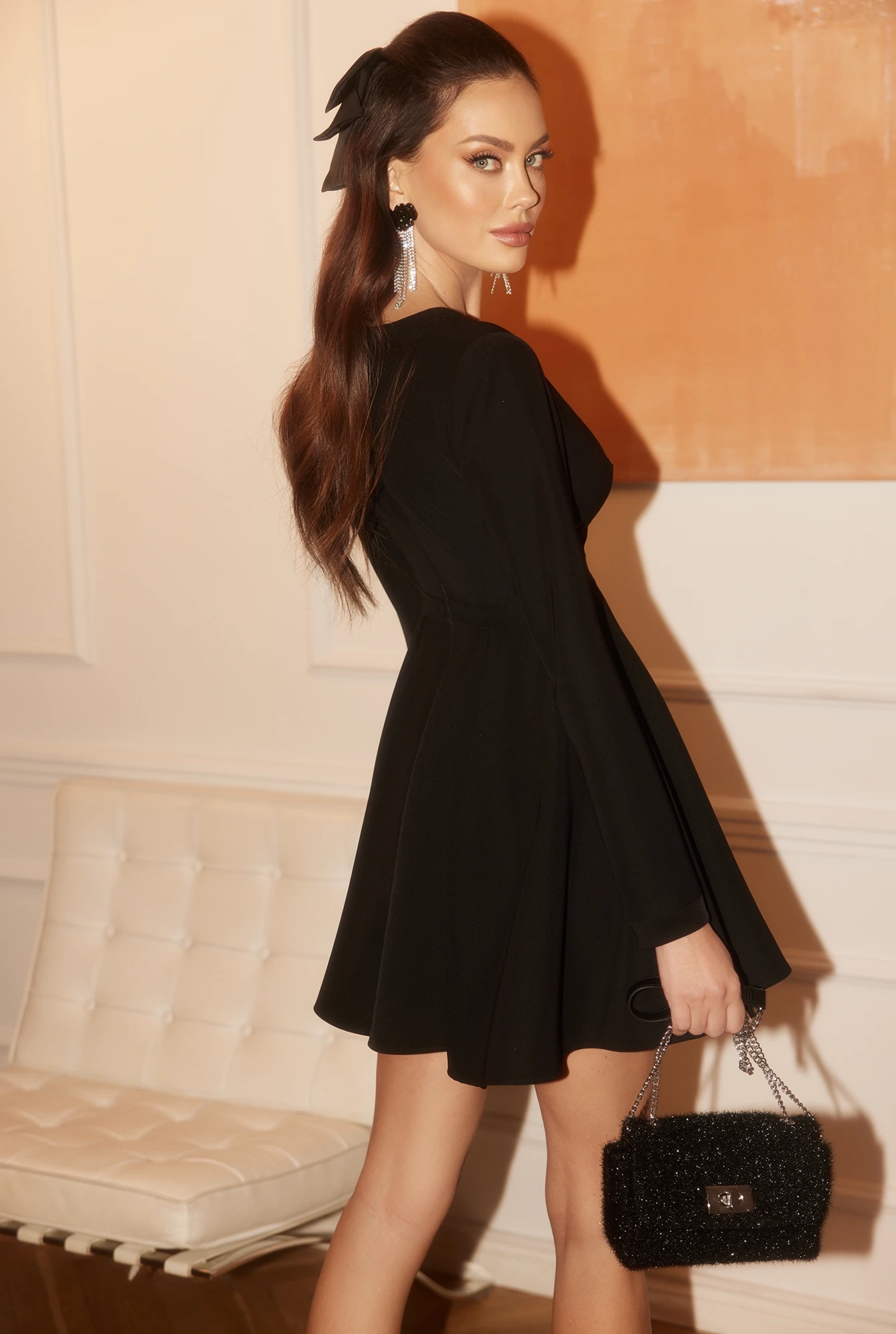 Malati - Blinkered Mini Dress with Deep Neck and Mesh