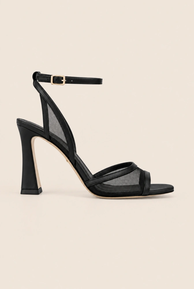 Sense – black heeled sandals with decorative mesh