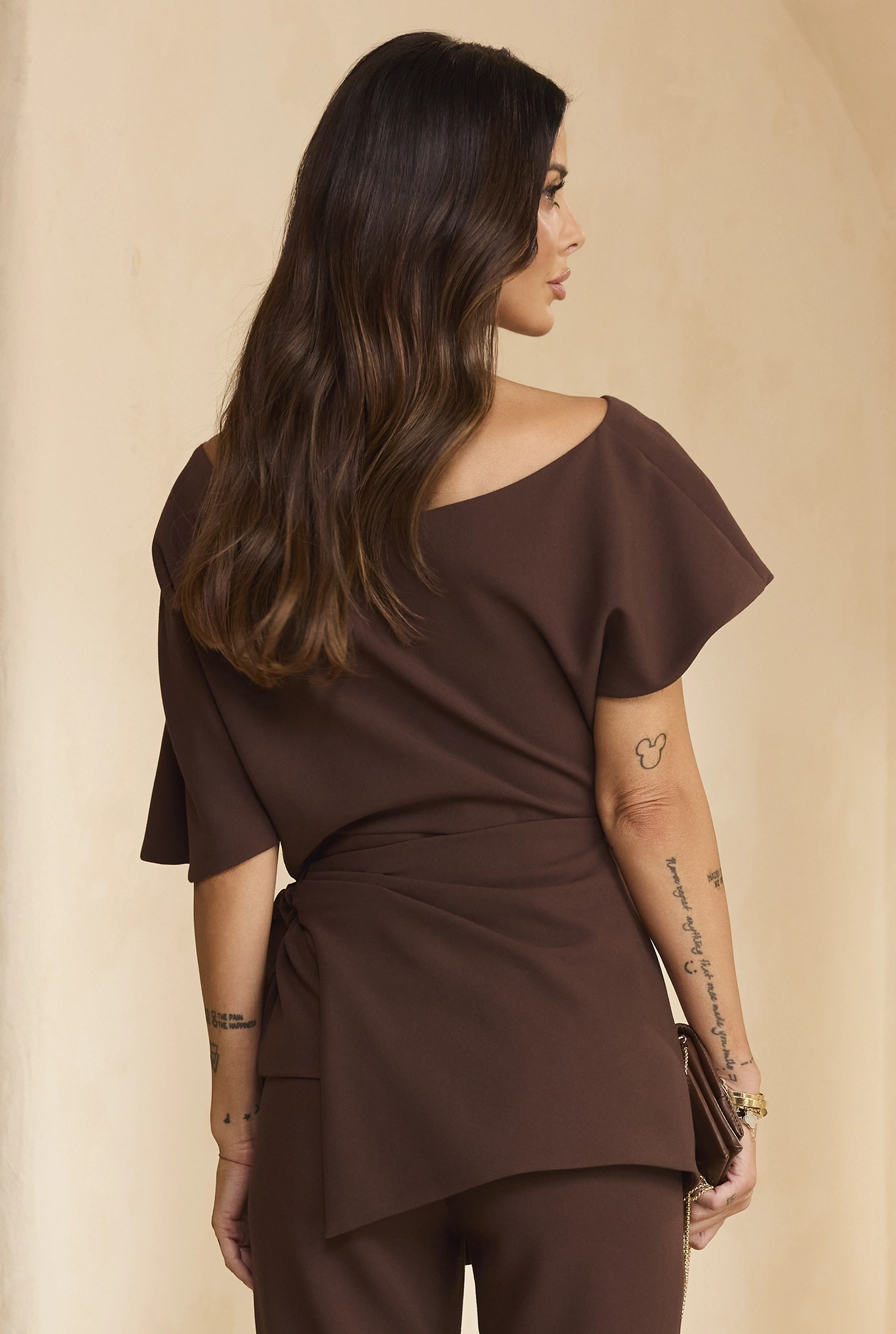 Padera – brown blouse with an asymmetrical neckline and peplum