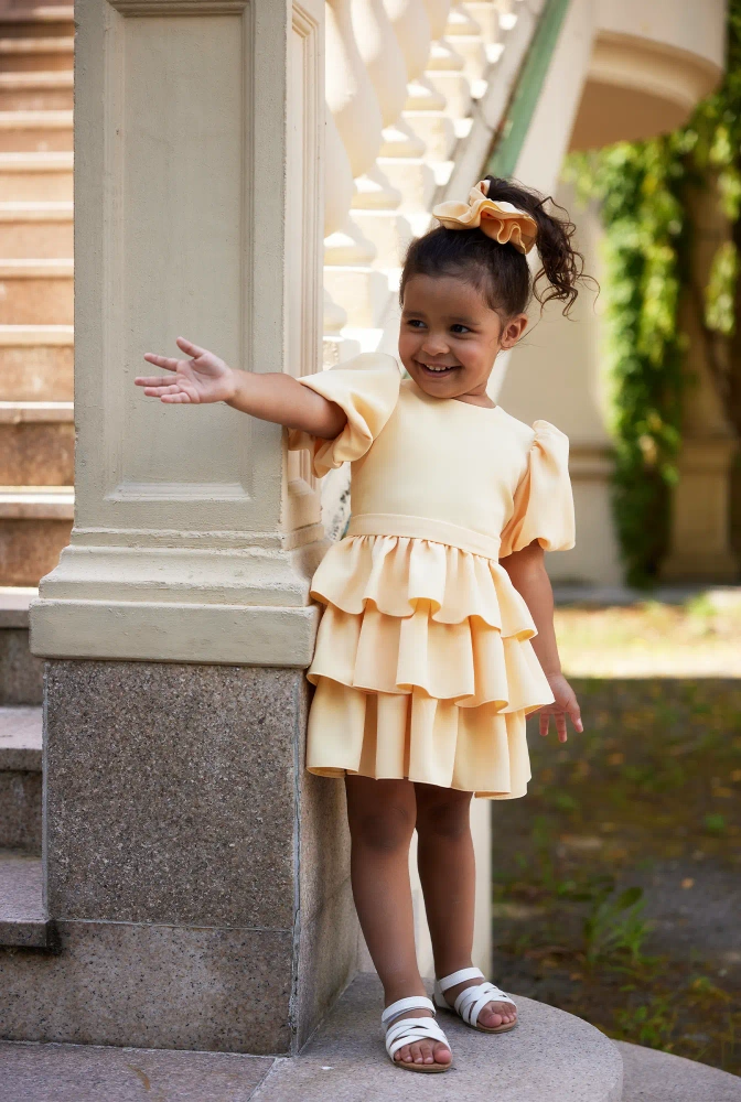 Tide - Yellow Children's Dress with Buff Sleeves and Frills + Hariband