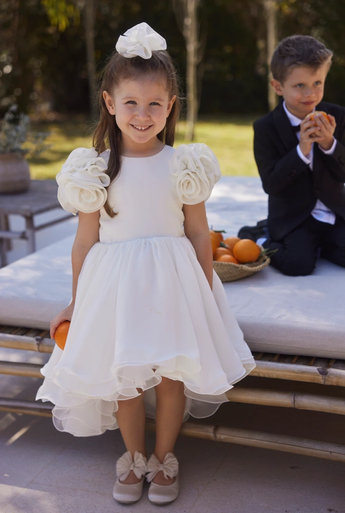 Ajla - Children's Waist Crinkle Dress with Floral Appliques and Asymmetrical Bottom