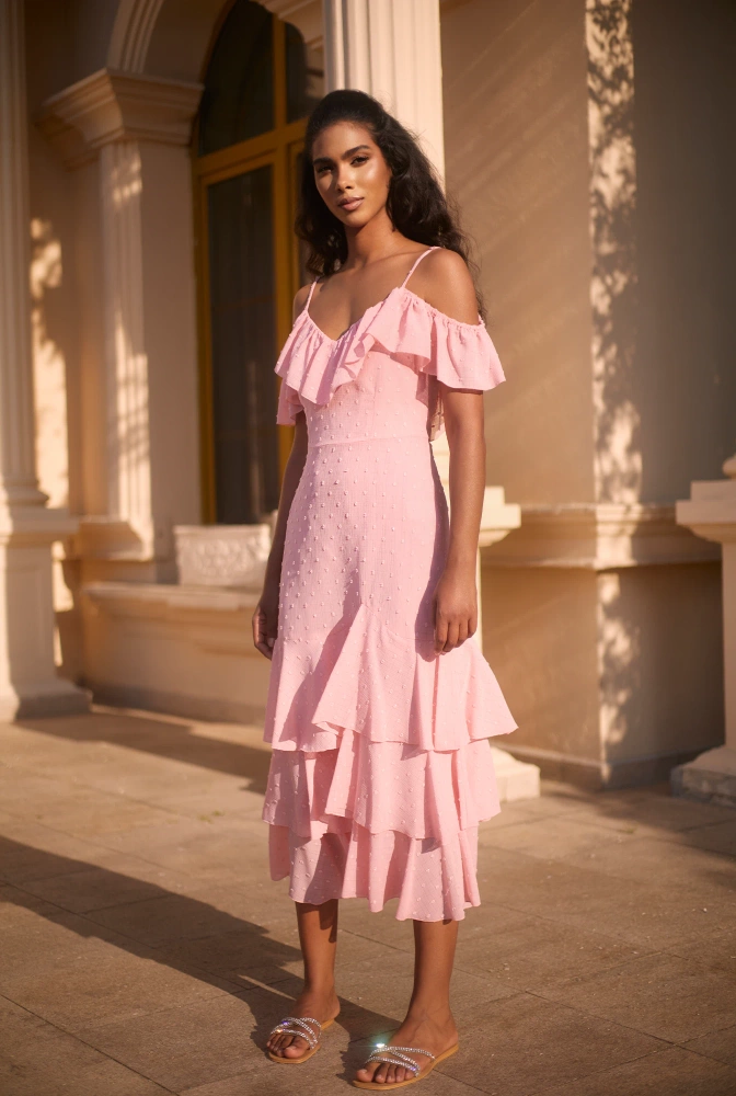 Lucette - Pink maxi dress with Spanish neckline