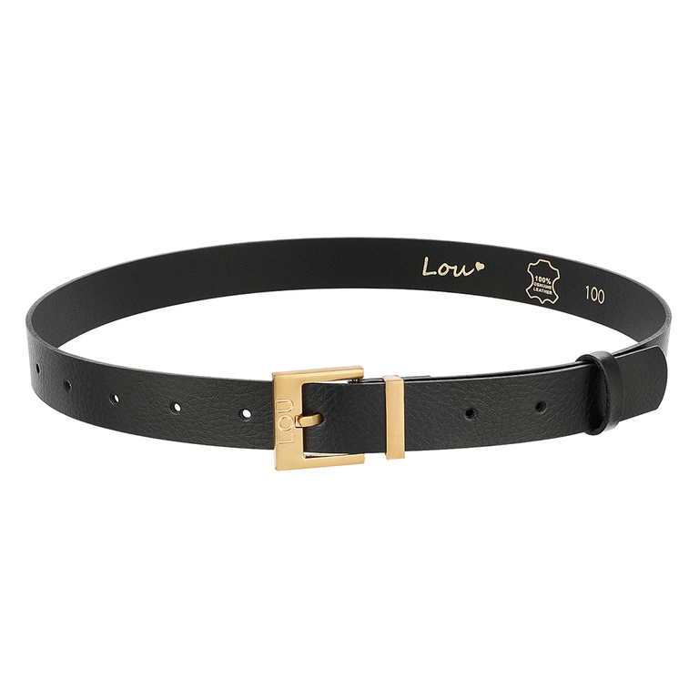 Charo belt - Black leather belt with luxurious gold buckle and engraved Lou logo.