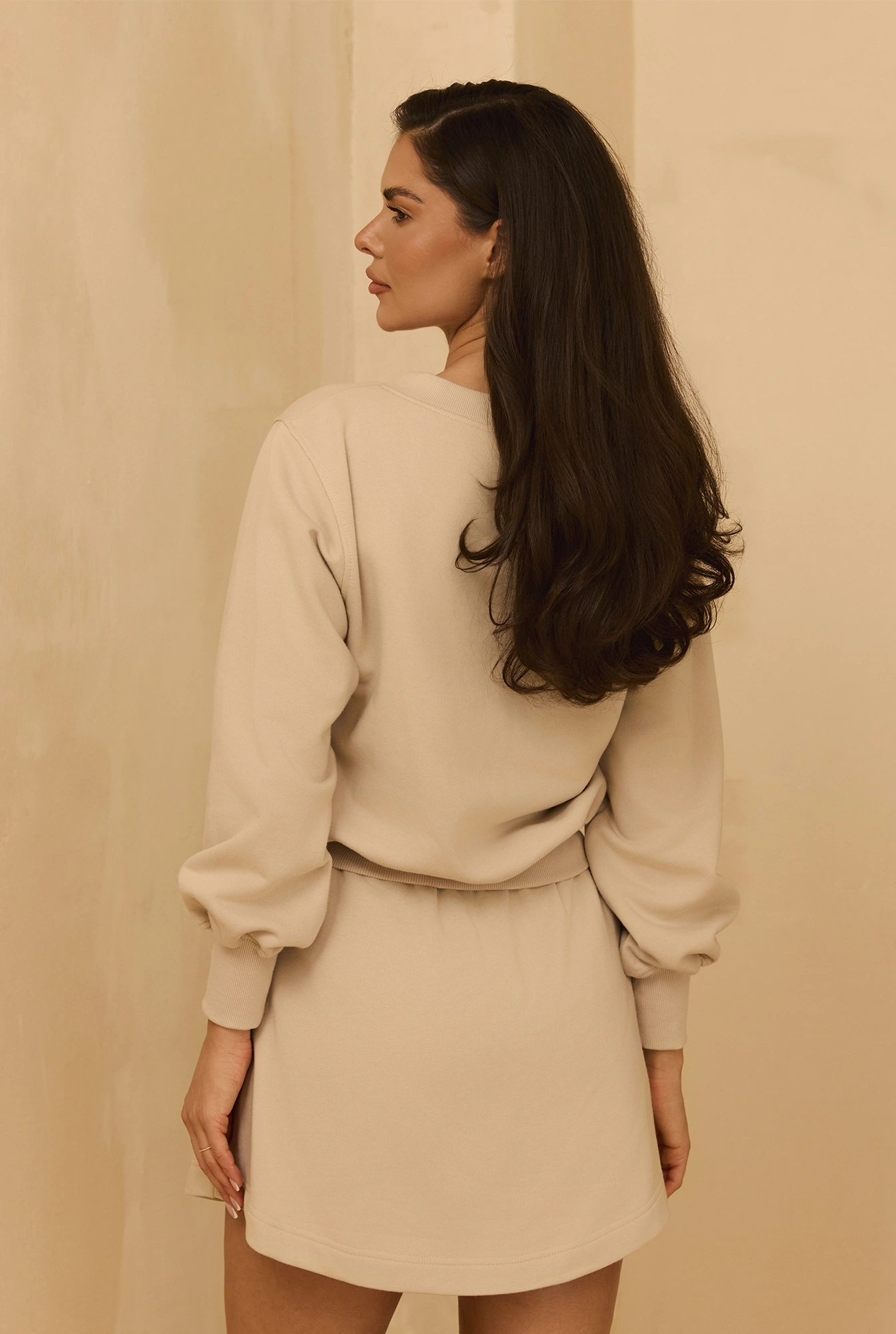 Hanako - Cotton Tracksuit Set with V-neck Sweatshirt and Sewn-in Skirt