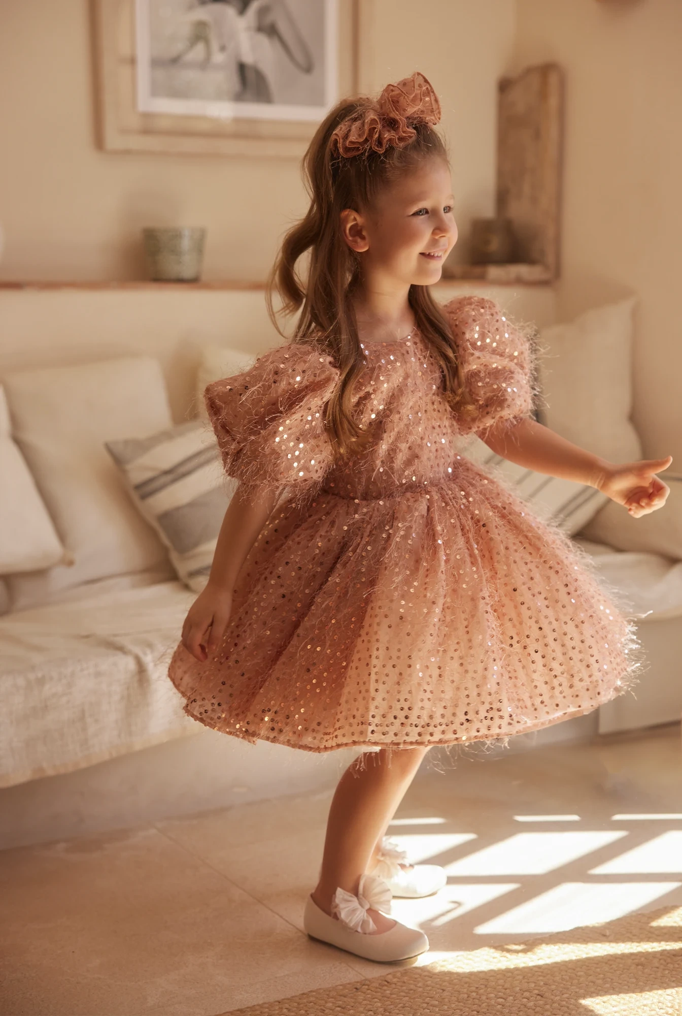 Kimi - Children's Mini Dress with Buffs and Embellished Bow