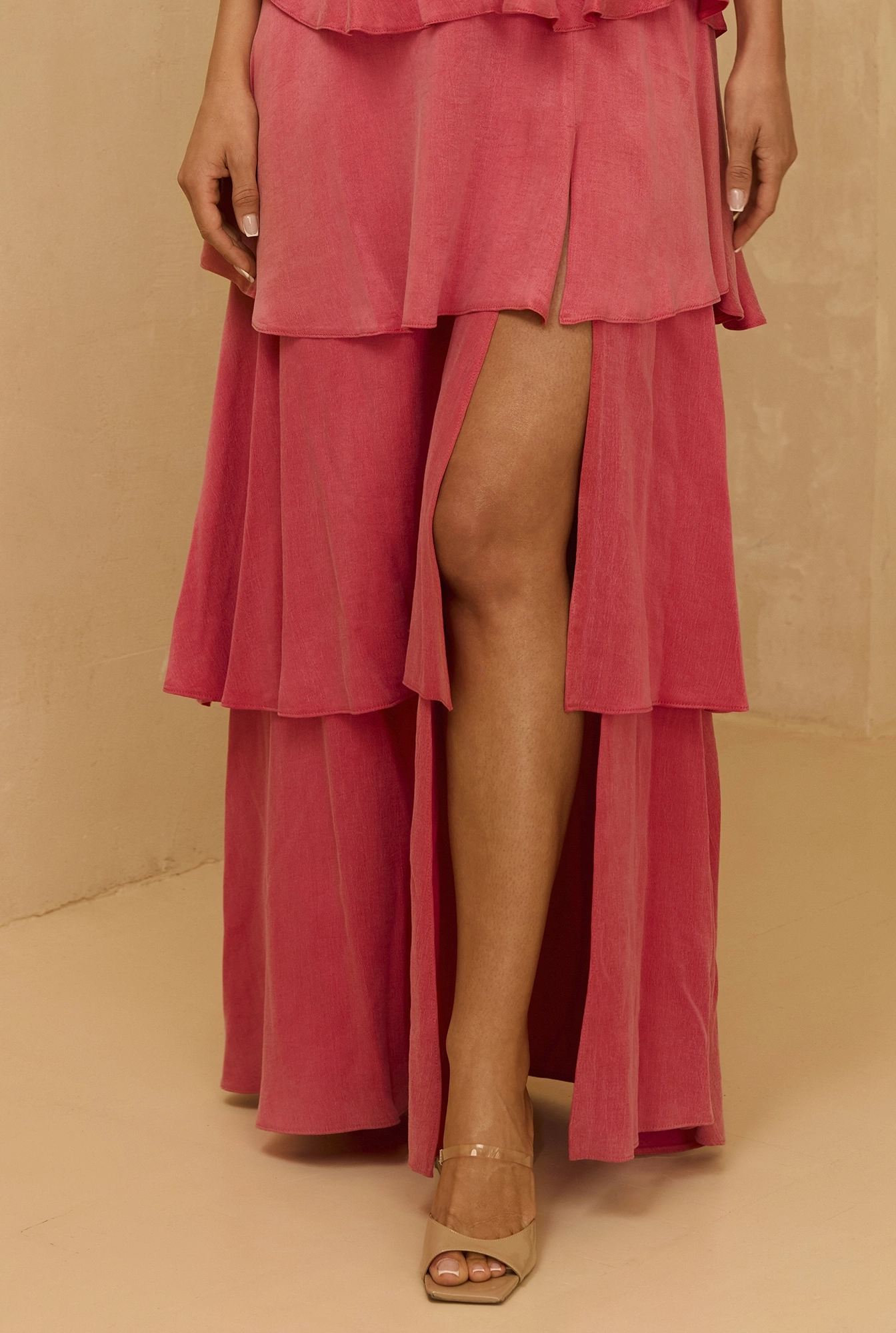 Lagos - coral maxi dress with ruffles